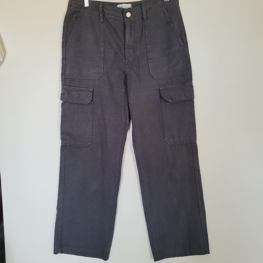 Zara Womens Gray Cargo Pants Size 8 Straight Leg Cotton Blend Casual